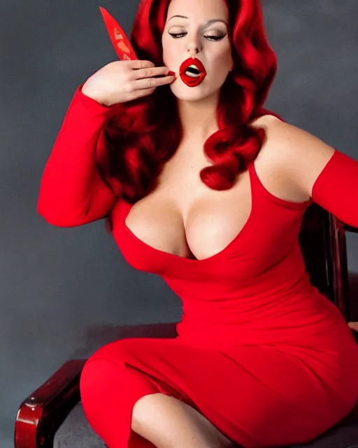 Prompt: Jessica Rabbit wearing red dress eating a bag of Doritos, sitting on a chair, photograph