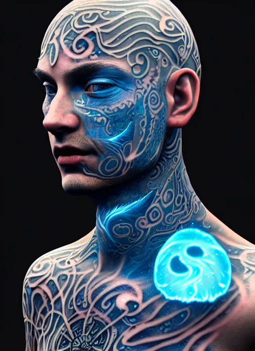 Image similar to 3 d shaman with tattoos profile portrait, sigma 5 0 0 mm f / 5. beautiful intricate highly detailed. bioluminescent, plasma, frost, water, wind, creature, gradient background, thunderstorm! artwork by tooth wu and wlop and beeple and greg rutkowski, 8 k trending on artstation,