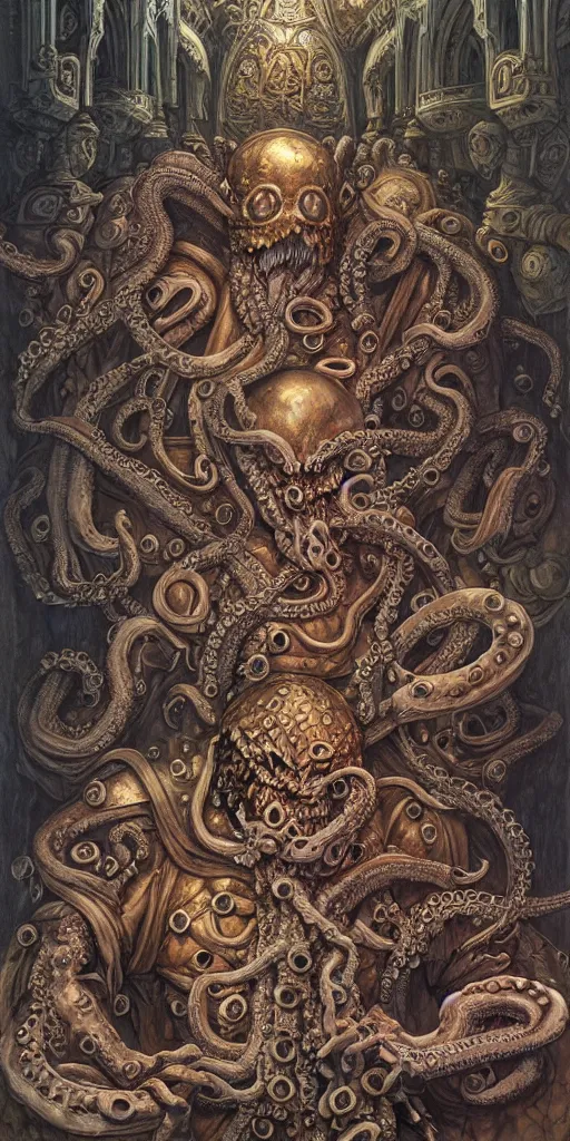 Prompt: mages with human bodies and magical armour with octopus heads sitting near the table in an ancient mage castle with enormous scale, gothic and baroque, brutalist architecture, ultradetailed, Intricate by James Jean and Josan Gonzalez and John Howe and Giuseppe Arcimboldo