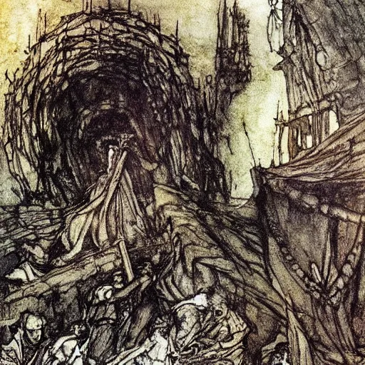 Prompt: Things fall apart the centre cannot hold mere anarchy is loosed upon the world, painted by Arthur Rackham