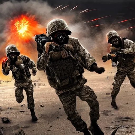 Image similar to hyper realism, realistic apocalyptic war scene, explosions, science - fiction soldiers running, bullet storm