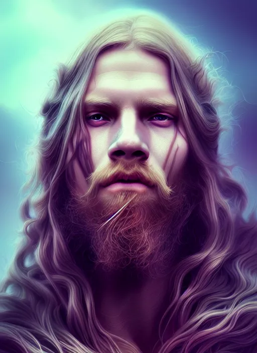 Image similar to overlord, psychedelic flowing hair, viking, portrait, highly detailed, deep focus, elegant, digital painting, smooth, sharp focus, illustration, ultra realistic, 8 k, art by wlop