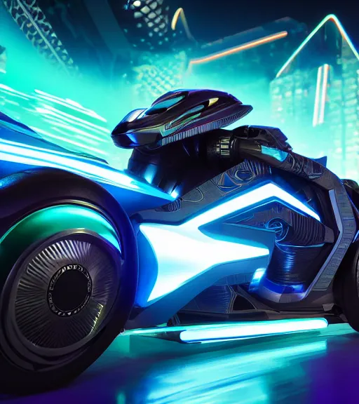 Image similar to psychedelic tron legacy lightcycle race, hyper realistic, ambient lighting, concept art, intricate, hyper detailed, smooth, dynamic volumetric lighting, octane, raytrace, cinematic, high quality, high resolution, 4 k, cgsociety, rutkowski, gurney