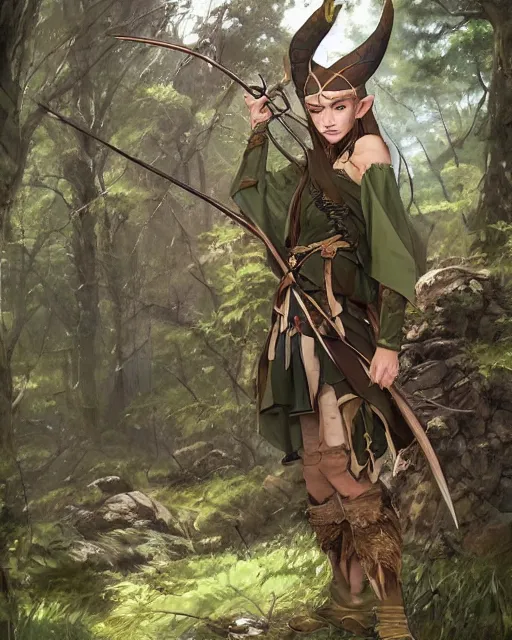 Image similar to an elven hunter standing in the woods holding a bow, wearing a tribe hunting outfit. green, luscious, overgrown forest. By Makoto Shinkai, Stanley Artgerm Lau, WLOP, Rossdraws, James Jean, Andrei Riabovitchev, Marc Simonetti, krenz cushart, Sakimichan, D&D trending on ArtStation, digital art.