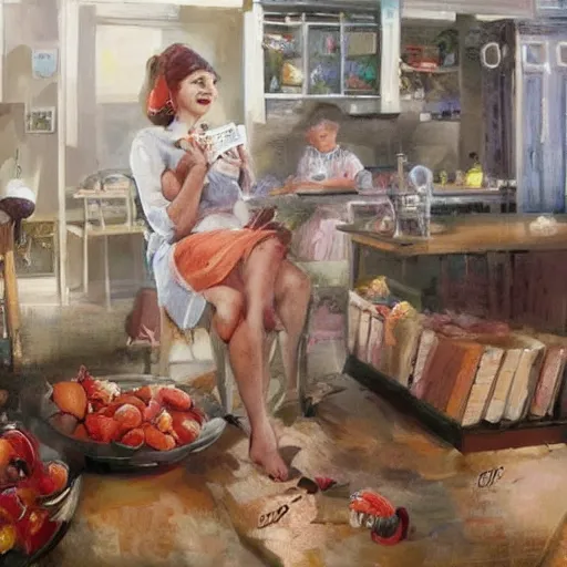 Image similar to young blonde wife making breakfast for her husband, painting by Vladimir Volegov,