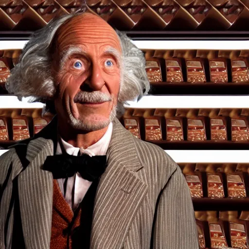 Prompt: a movie still of grandpa joe from willy wonka, posing in front of a lifetime supply of chocolate, dynamic lighting, 8 k, 2 0 2 2 picture of the year