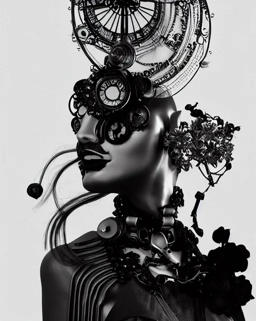 Prompt: black and white dreamy foggy smoky profile face portrait, one silver steampunk eye biomechanical beautiful young female cyclope - cyborg - robot bust, body ribs meshes,, volumetric light, hibiscus flowers, by hg giger, rim light, by dora maar and cecile beaton, big gothic fashion pearl embroidered collar, 8 k