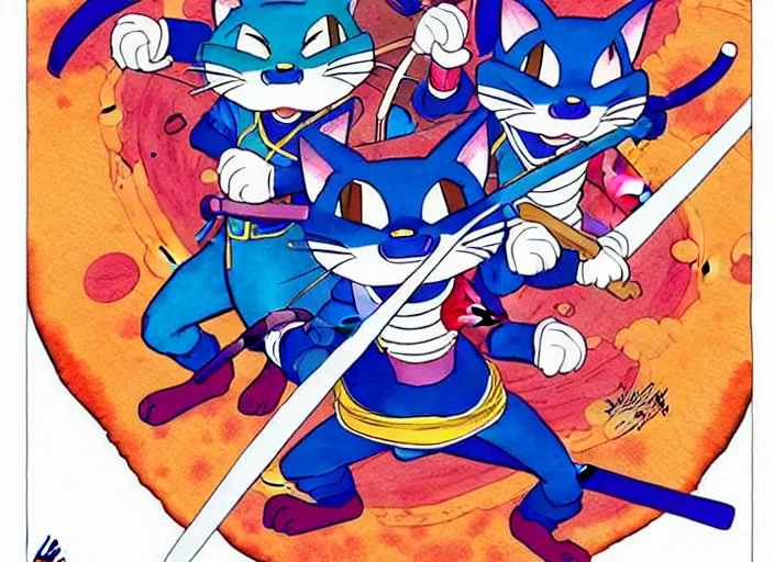 Image similar to samurai pizza cats, ink and watercolor illustration masterpiece, perfectly realistic yet surreal, by ryan ottley and mœbius