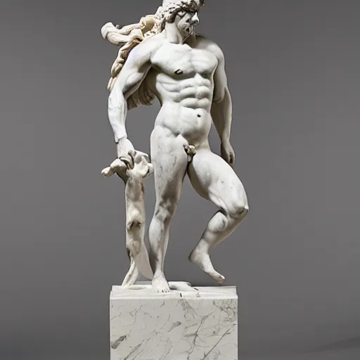 Prompt: A classic greek marble sculpture of a centaur with the torso, head, and arms of a man and the lower body of a horse.