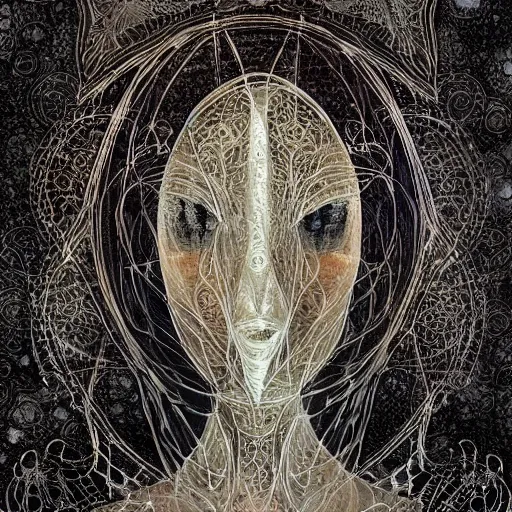 Image similar to looking at the full moon, transparent soul leaving the body, filigree, lace, art by loish, dave mckean