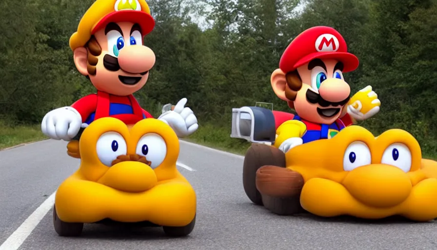 Prompt: garfield riding on a mario car while driving down a road made from lasagna