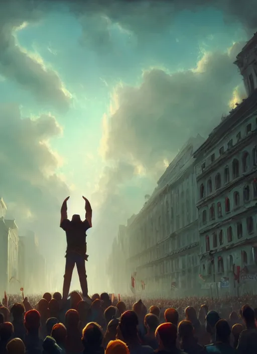 Image similar to painting of a crowd with raised arms pointing towardб demonstration, cinematic view, epic sky, detailed, concept art, low angle, high detail, warm lighting, volumetric, godrays, vivid, beautiful, trending on artstation, by jordan grimmer, huge scene, art greg rutkowski