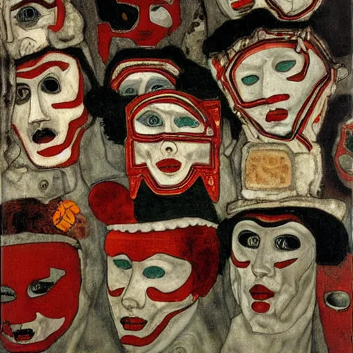 Prompt: carnival masks in narrow crowded streets of Rome, by Egon Schiele