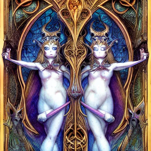 Image similar to detailed and sharp gemini artwork, mystic style, detailed, 8 k, detailed, symmetrical, by brian froud