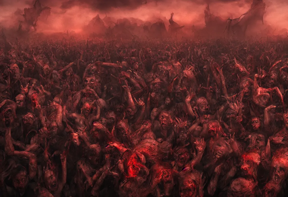 Prompt: suffering human faces in blood river of hell, ominous apocalyptic background, hyperrealism, realistic, dramatic lighting, octane render, highly detailed, cinematic lighting, cinematic, art by wes benscoter and rembrandt