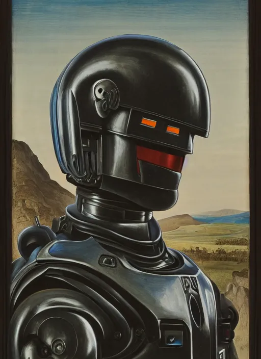 Image similar to a portrait of Robocop by Jan van Eyck