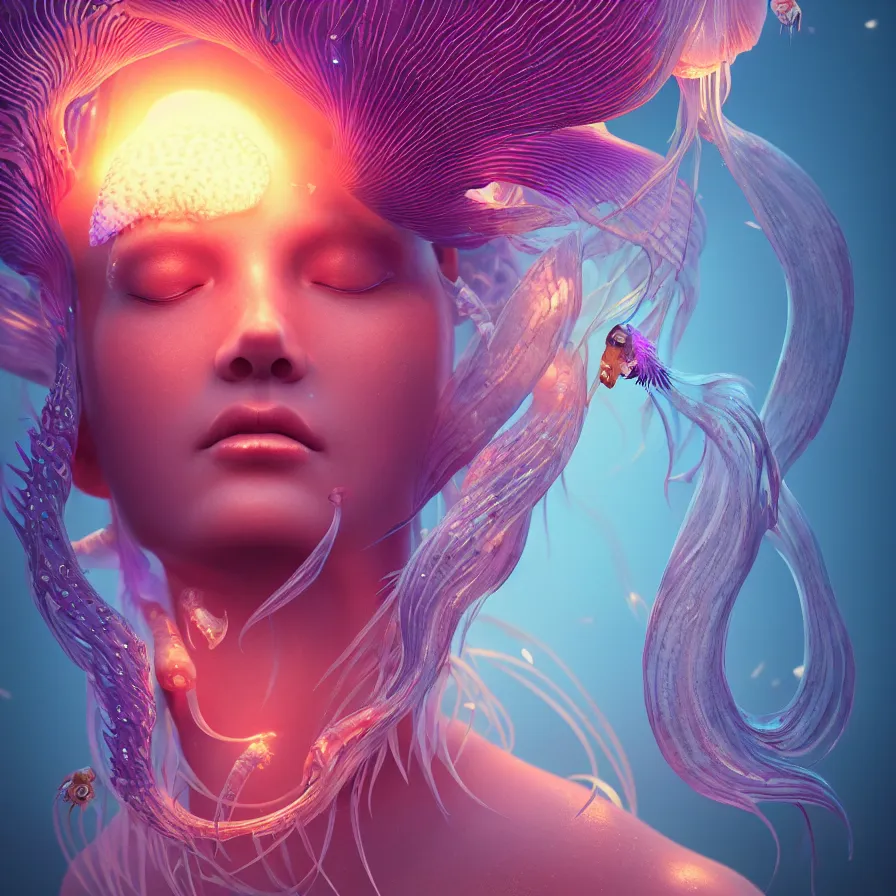 Image similar to goddess close-up portrait. orchid jellyfish phoenix head, nautilus, skull, betta fish, bioluminiscent creatures, intricate artwork by Tooth Wu and wlop and beeple. octane render, trending on artstation, greg rutkowski very coherent symmetrical artwork. cinematic, hyper realism, high detail, octane render, 8k