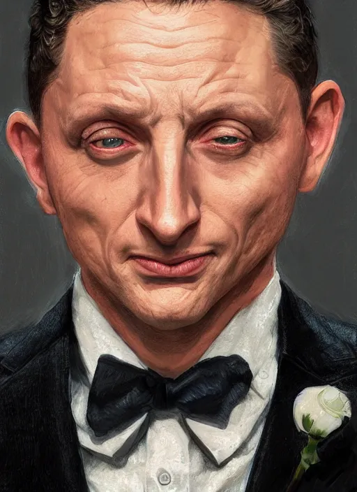 Image similar to portrait of Tim Robinson from I Think You Should Leave (2019), highly detailed, tuxedo, centered, solid color background, digital painting, artstation, concept art, smooth, sharp focus, illustration, donato giancola, Joseph Christian Leyendecker, Les Edwards, Ed Repka, WLOP, Artgerm