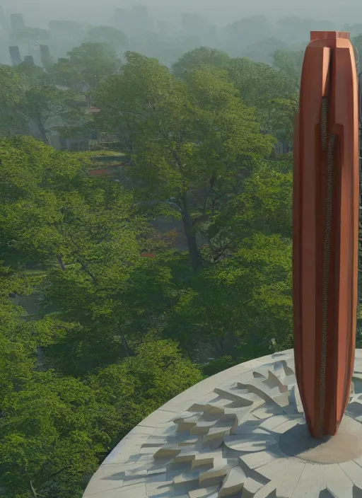 Image similar to highly detailed realistic architecture 3 d render of a futuristic stele monument in frank lloyd wright style standing in city park, archdaily, made in unreal engine 4 octane render