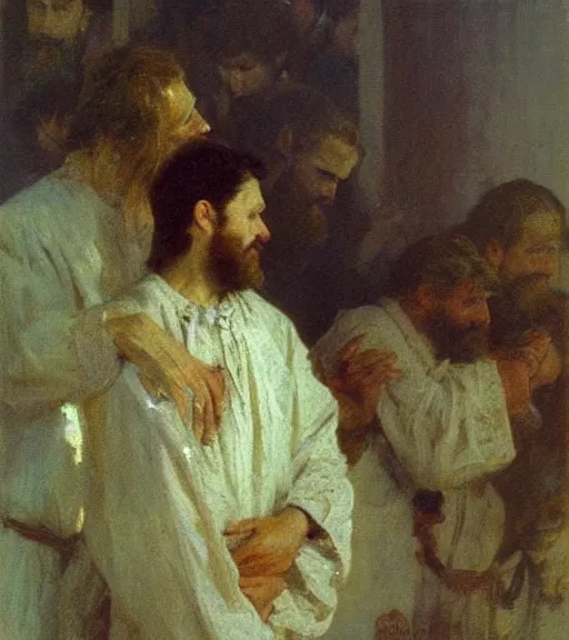 Image similar to high quality high detail painting by ilya repin, leaning towards jesus, hd