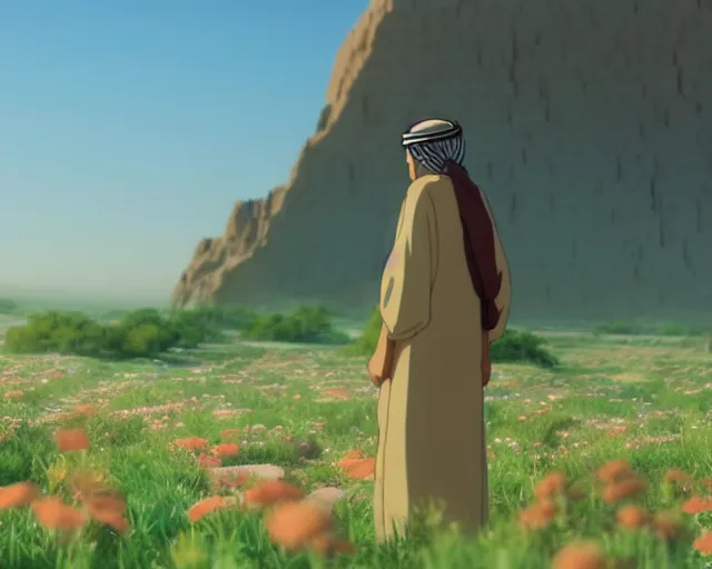 Image similar to an arabic man in the desert with wildflowers, makoto shinkai, loish, studio ghibli, tooth wu