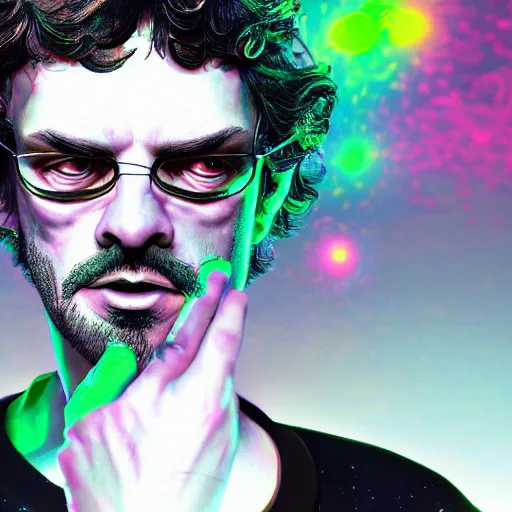 Image similar to terence McKenna modeling seductively with psychedelic mushrooms, psychedelic, cinematic lighting, dramatic, octane render, full body, trending on artstation, perfect facial symmetry, bokeh, 8k, hyper detailed