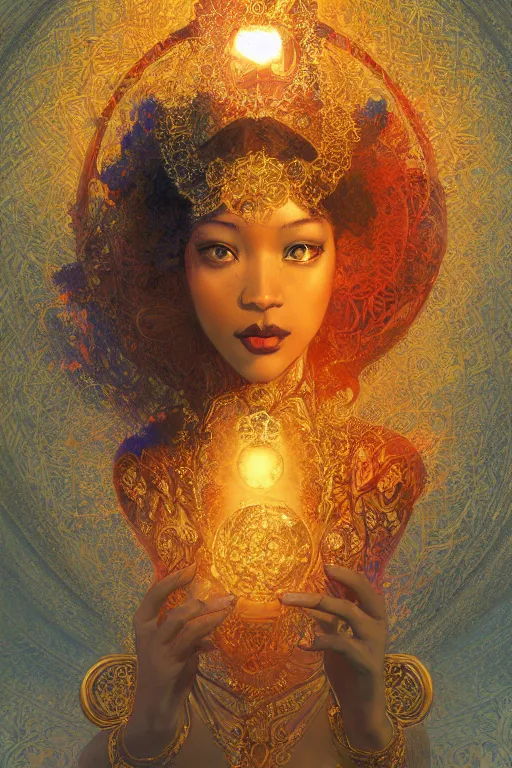 Prompt: tarot card artstation, portrait of a black love dancer, sunrise, baroque ornamnet and rococo ornament, ancient chinese ornate, hyperdetailed, beautiful lighting, craig mullins, mucha, klimt, yoshitaka amano, red and gold and orange color palatte