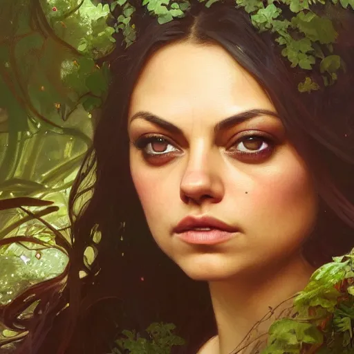 Image similar to a beautiful closeup portrait of mila kunis, magical forest background, serene colors, dramatic light, gorgeous view, depth, high detail, digital art, painted by alphonse mucha and greg rutkowski, trending on artstation