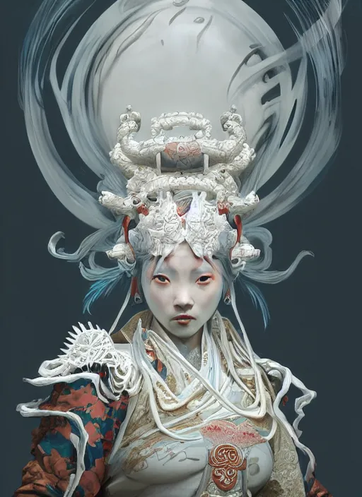 Image similar to subsurface scattering, white, koi, female samurai deity with filigree ivory armor, by jesper ejsing, james jean, justin gerard, tomasz alen kopera, cgsociety and fenghua zhong, highly detailed, rim light, cinematic lighting, illustration, art, octane render, very coherent, cinematic, hyper realism, high detail, 8 k