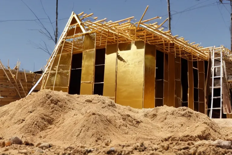 Prompt: a house, under construction, made of dollars, with piles of gold around it