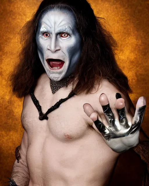 Prompt: actor Ozzy Osborne in Elaborate Pan Satyr Goat Man Makeup and prosthetics designed by Rick Baker, Hyperreal, Head Shots Photographed in the Style of Annie Leibovitz, Studio Lighting