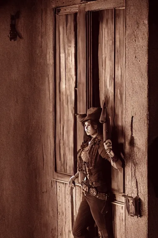 Prompt: an environmental concept art of a female gunslinger, back to camera, standing in the doorway of an open saloon door, old west town, highly detailed, cinematic, dramatic lighting, close shot by francis tneh