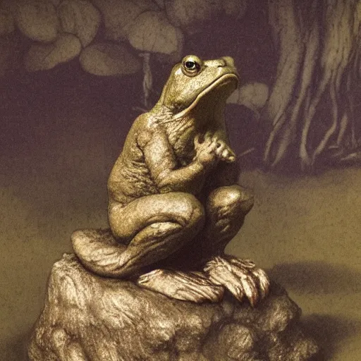 Prompt: toad philosopher toad in a pose The Thinker, swamp, toad by Auguste Rodin, realistic toad, illustrations by irish fairy tales james stephens arthur rackham, fairy tale illustrations, top cinematic lighting , very detailed, shot in canon, 8k, high resolution