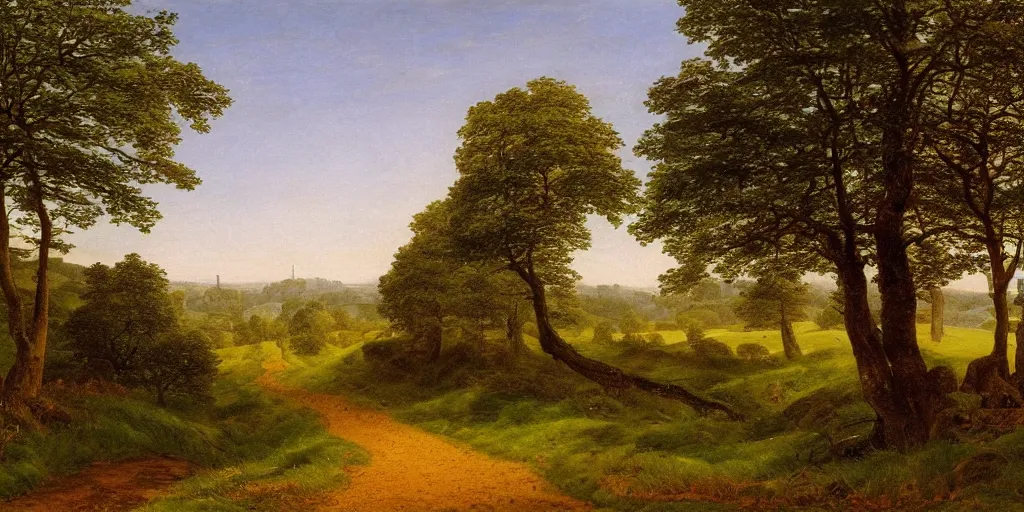 Prompt: a beautiful landscape painting of a path through countryside fields and patches of woodland, by caspar david friedrich, oil on canvas, highly detailed, hd, 4 k