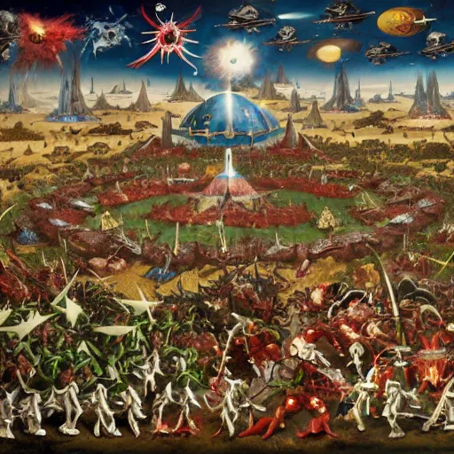 Image similar to , warhammer 4 0 k space @ marines in a heated battle, in the style of the garden of earthly delights painting by jerome bosch