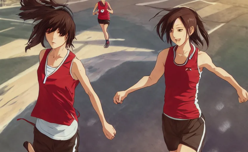 Image similar to anime style, girl is running, red sport clothing, marathon race, brown short hair, hair down, symmetrical facial features, from arknights, gta 5, hyper realistic, rule of thirds, extreme detail, detailed 4 k drawing, safebooru, realistic lighting, by alphonse mucha, greg rutkowski, sharp focus, backlit