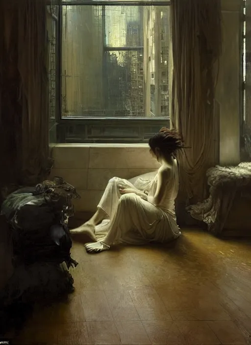 Image similar to a beautiful woman sitting in the floor, inside a modern apartment, intricate oil painting, hyperdetailed, ominous, ethereal, dramatic lighting, by jeremy mann and ruan jia and lawrence alma - tadema