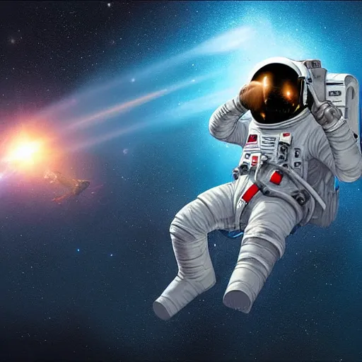 Prompt: astronaut floating in space holding a microphone lots of stars greg rutkowski