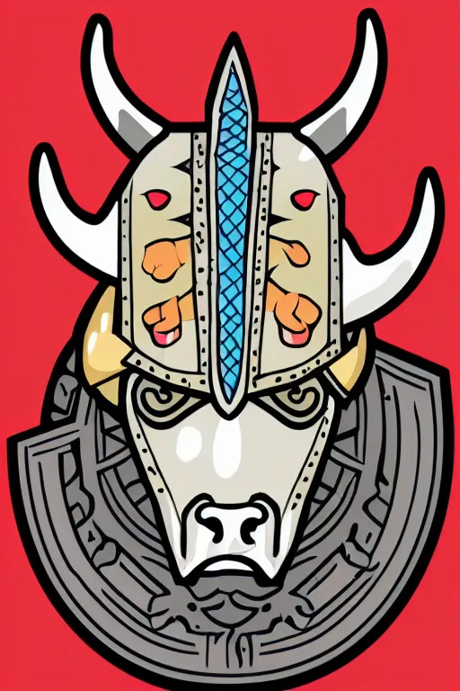 Prompt: Portrait of a bull in a medieval armor, knight, medieval, sticker, colorful, illustration, highly detailed, simple, smooth and clean vector curves, no jagged lines, vector art, smooth