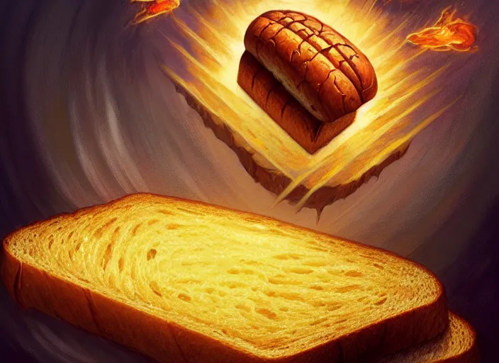 Prompt: loaves of bread bowing before a holy radiating piece of toast floating in the air, by marco bucci and frank frazetta, magic : the gathering fantasy concept art, high resolution, fantasy coloring, intricate, digital painting, artstation, smooth, sharp focus