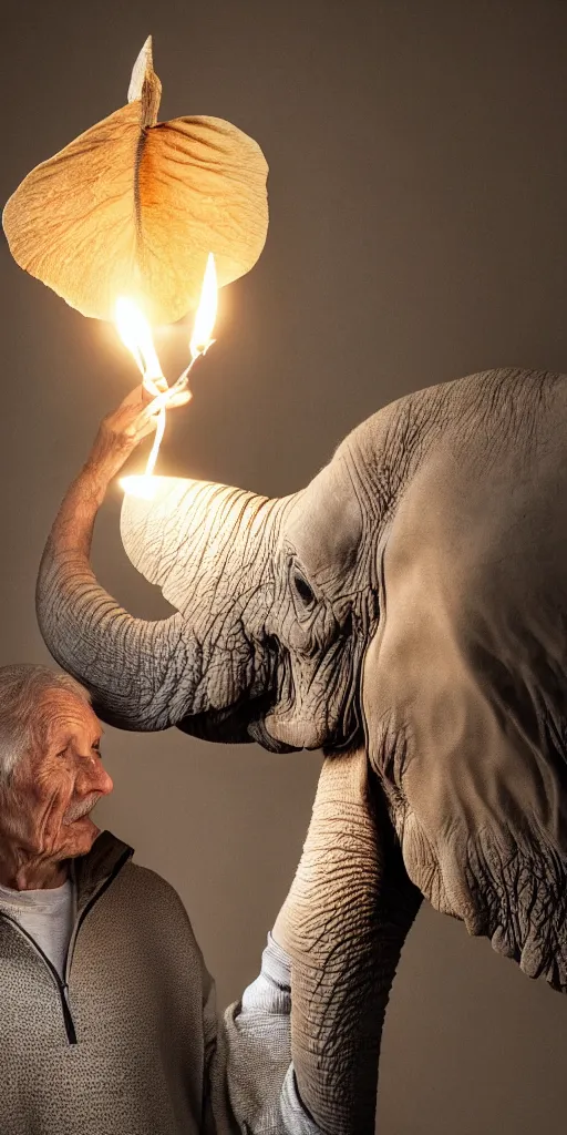 Image similar to a old man with a elephant snout, elephant ears and elephant tasks, beautifull candle low light