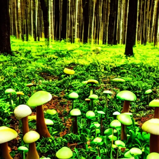 Prompt: a bright green forest full of colorful glowing mushrooms