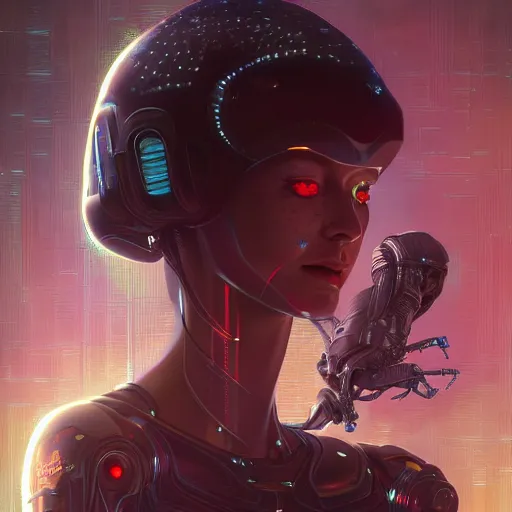 Image similar to alien cybernetic holographic princess, detailed portrait, intricate complexity, by greg rutkowski, artgerm, ross tran, conrad roset, takato yomamoto, ilya kuvshinov. 4 k, beautiful, cinematic dramatic atmosphere