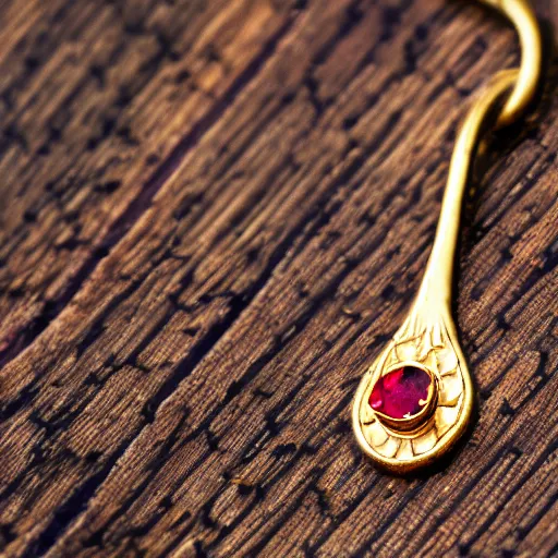 Prompt: macro shot of an intricately detailed golden hanger with an embedded ruby gem, lying on a oak table indoors, sunlit day, f 1. 4