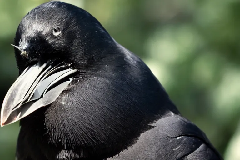 Image similar to close up of a obese crow with a round body short legs and large black beak, high resolution film still, film by Jon Favreau