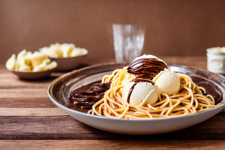 Prompt: macro shot of spaghetti with ice cream and banana and chocolate sauce, on a wooden table, 8 3 9, natural light, cinematic lighting, 8 k, food photography