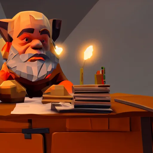 Prompt: A low poly dwarf peeking over his desk surprised at the amount of mail on the desk, deep rock galactic screenshot