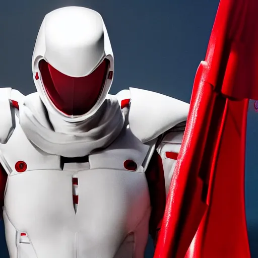 Image similar to tall muscular infantry man in glossy sleek white armor with a few red details and a long red cape, heroic posture, on the surface of mars, night time, dramatic lighting, cinematic, sci-fi, hyperrealistic, movie still