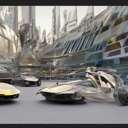 Image similar to parking several cars: center composition, photo ground view, motherboard forms designed by zaha hadid, sci-fi futuristic ultra realistic photography, keyshot render, octane render, unreal engine 5 lumen, high oiled liquid glossy specularity reflections, ultra detailed, golden hour, dramatic lighting 4k, 8k, 16k in the style ofblade runner 2049 Cyberpunk 2077 ghost in the shell thor 2 marvel film : tilt shift: sharp focus