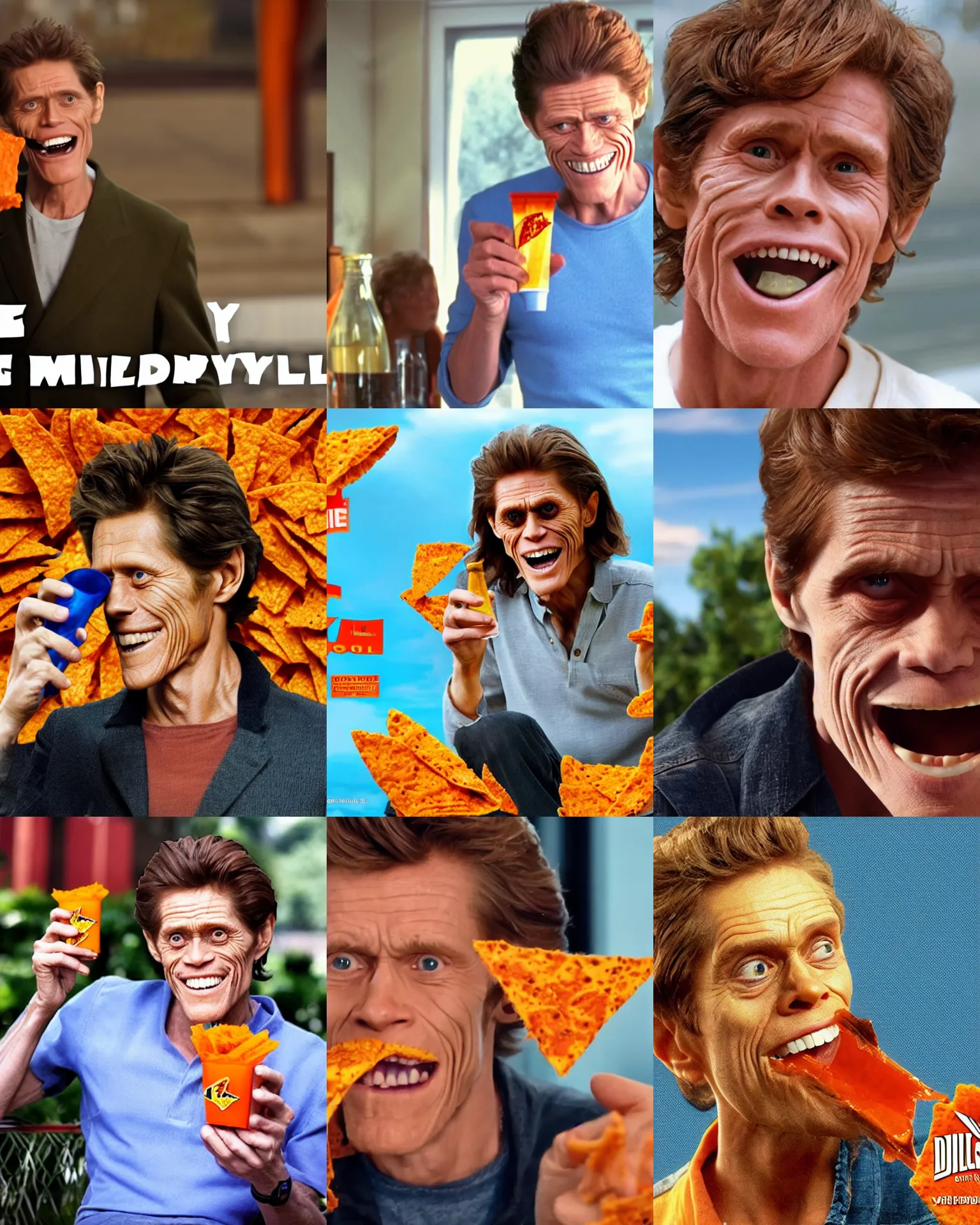 Prompt: young willem dafoe happily drinking dorito juice, 2 0 1 2 viral product advertisement hd, commercial banner, english text